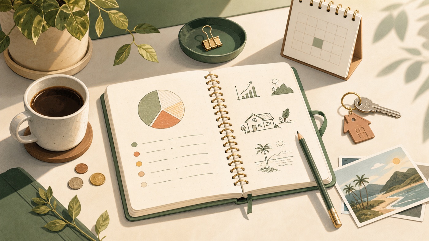 Caderno aberto com desenhos de orçamento, casa, viagem e metas de vida, representando planejamento financeiro pessoal.