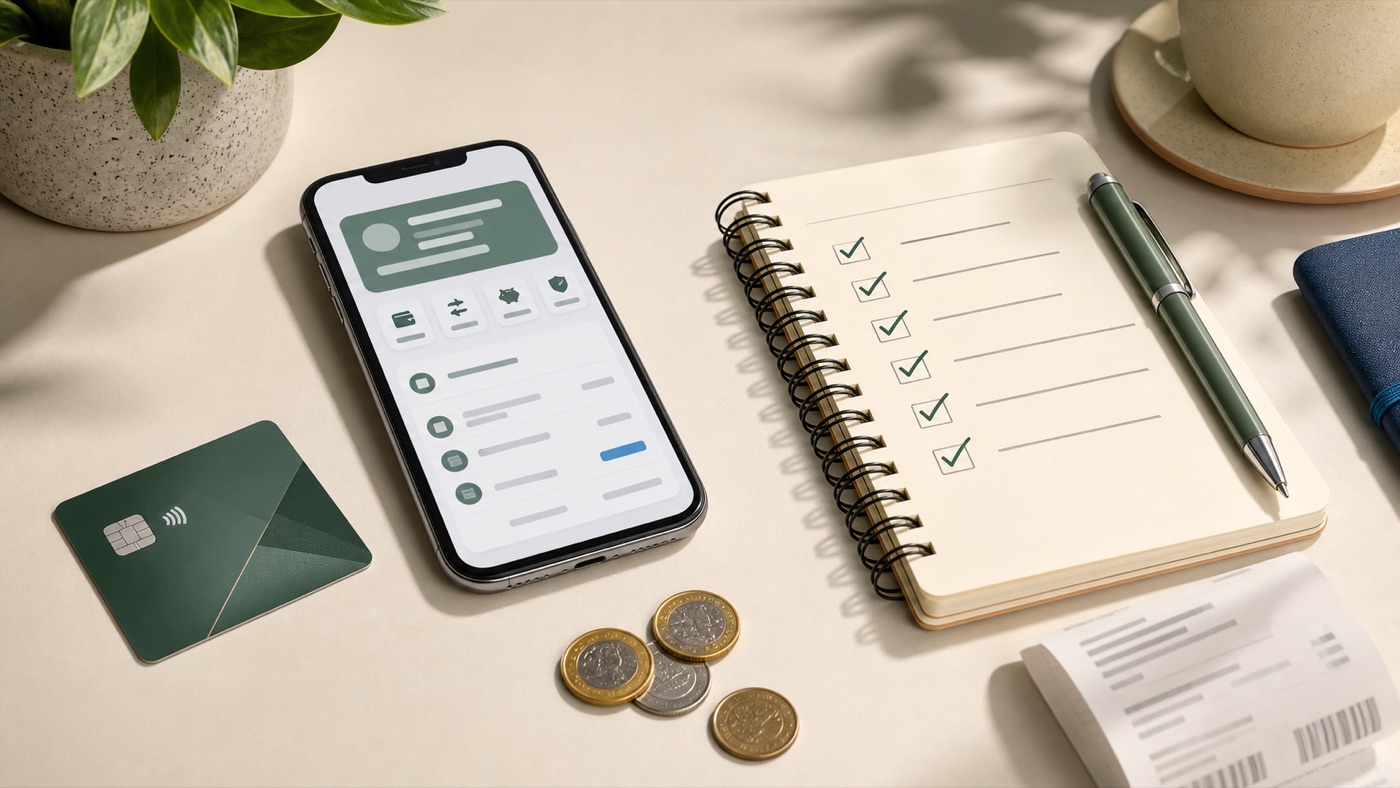 Cartão de débito genérico, celular com interface bancária abstrata e checklist de serviços essenciais sobre uma mesa.
