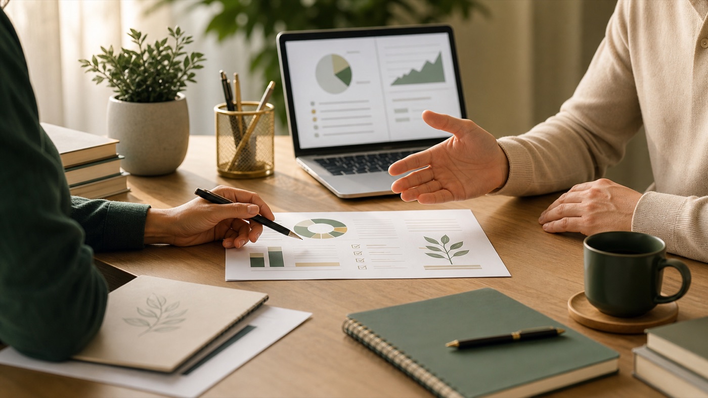 Duas pessoas em uma conversa de planejamento financeiro, analisando gráficos abstratos e documentos sobre uma mesa.