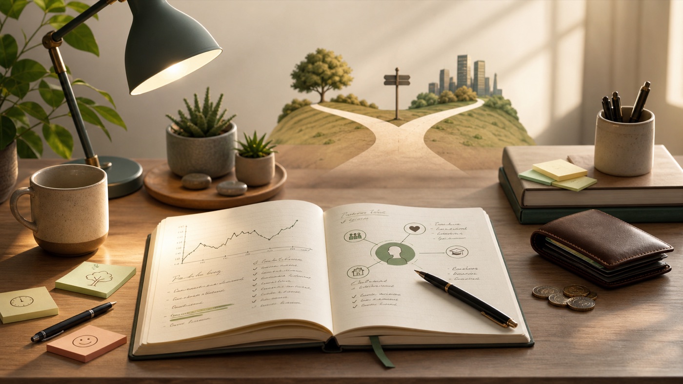 Caderno aberto com anotações, gráfico e símbolos de escolhas financeiras, representando psicologia financeira e tomada de decisão.